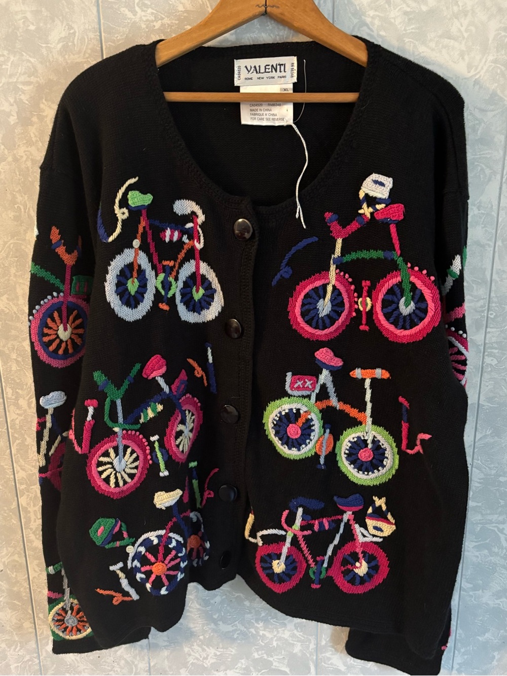 Vintage Valenti Bicycle Embroidered Black Cardigan Sweater Novelty Grandmacore